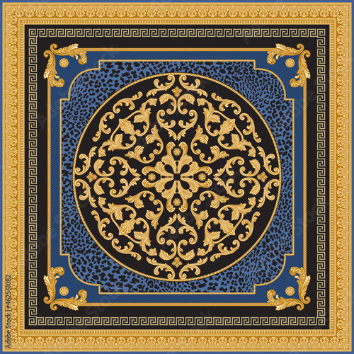 Baroque scrolls rosette, gold Greek key pattern, meander border frieze, carved frame on a black and blue leopard skin spots background. Scarf, bandana print, neckerchief, pocket handkerchief, carpet 