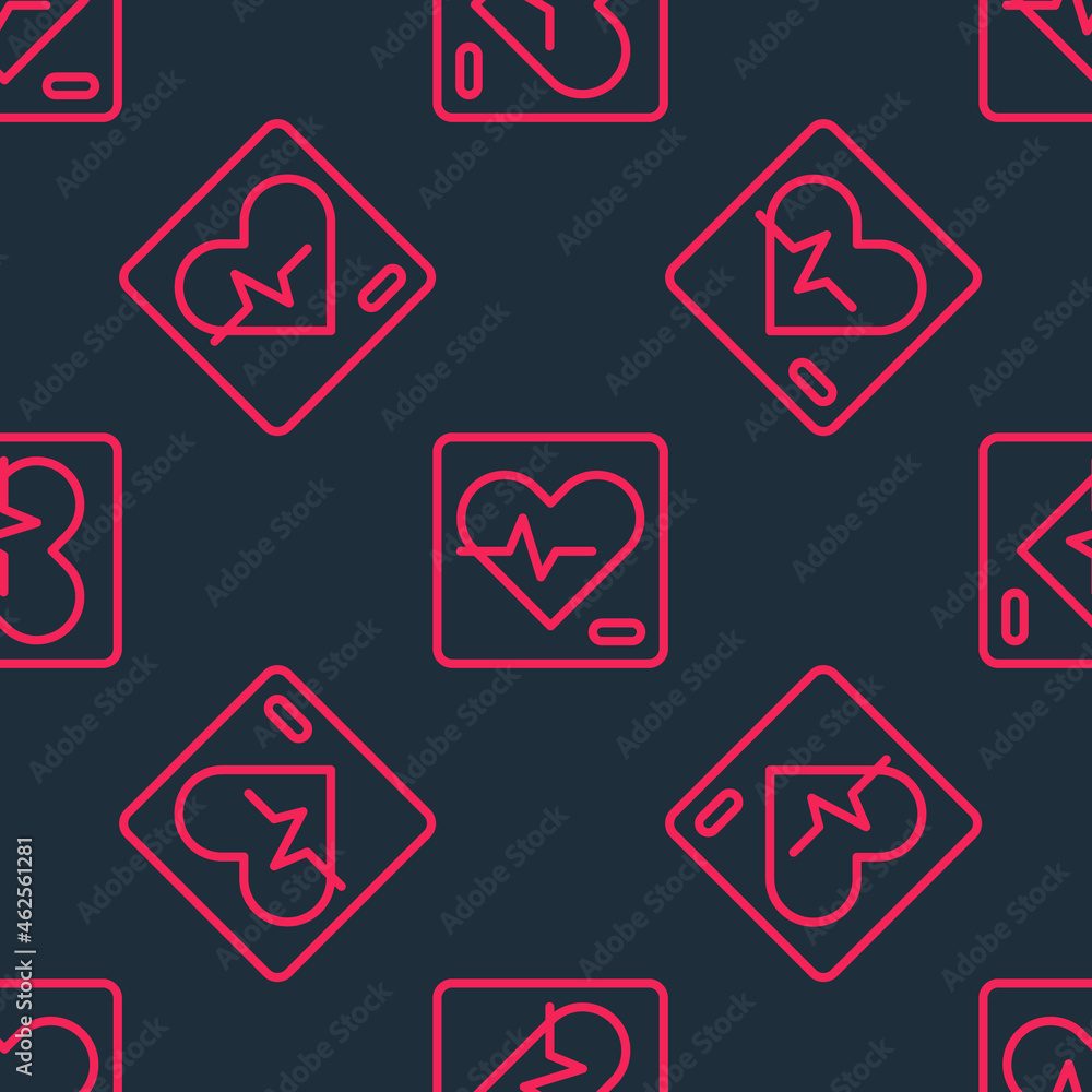 Red line Heart rate icon isolated seamless pattern on black background. Heartbeat sign. Heart pulse icon. Cardiogram icon. Vector Red line Heart rate icon isolated seamless pattern on black background. Heartbeat sign. Heart pulse icon. Cardiogram icon. Vector