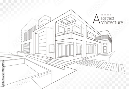 3D illustration linear drawing. Imagination architecture building design, architecture modern house abstract background. 