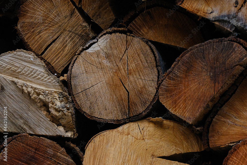 Naklejka premium Lumber stockpile close up with vivid colours and textures 400mm