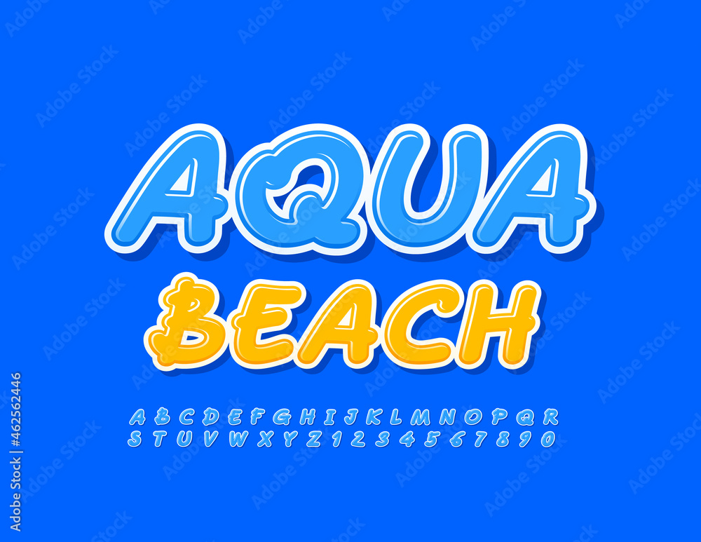 Vector colorful Logo Aqua Beach.  Handwritten Blue Font. Artistic Alphabet Letters and Numbers set