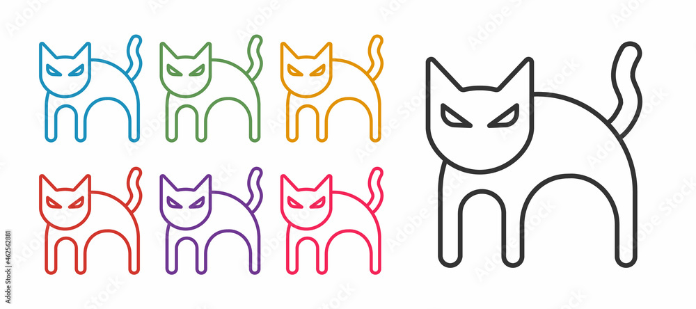 Naklejka premium Set line Black cat icon isolated on white background. Happy Halloween party. Set icons colorful. Vector