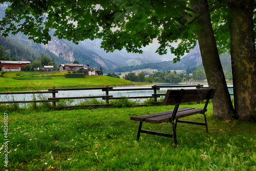 Bench by a lake, Brusson, Val d'Ayas, Aosta Valley, Italy photo