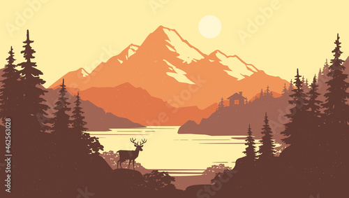 Fotografiet Vintage mountain lake autumn landscape with pine forest, hut and deer silhouette