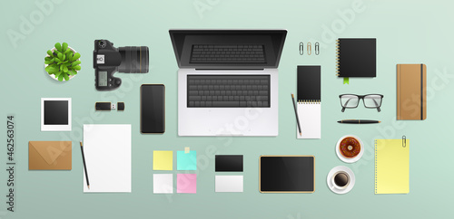 Vector top view work place desktop template with laptop and blank mockups stationery items. Editable Mockup set of creative workspace background with desktop equipment for a design or photo studio