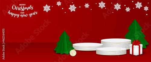 Merry christmas theme product display podium. Design with christmas tree and product stand on red background. vector. illustration.