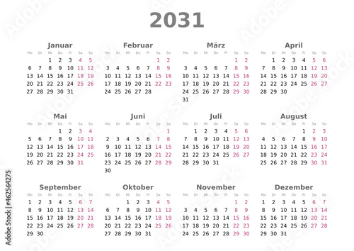 Kalender 2031, Querformat, Montag bis Sonntag