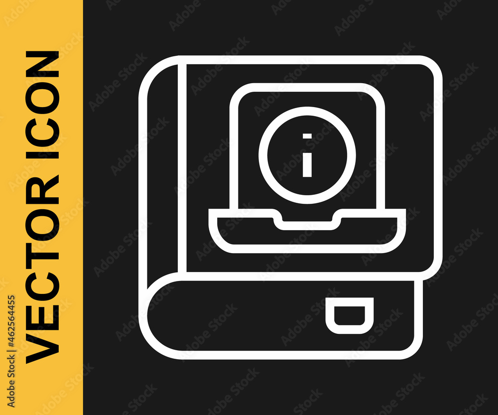 White line User manual icon isolated on black background. User guide book. Instruction sign. Read before use. Vector White line User manual icon isolated on black background. User guide book. Instruction sign. Read before use. Vector