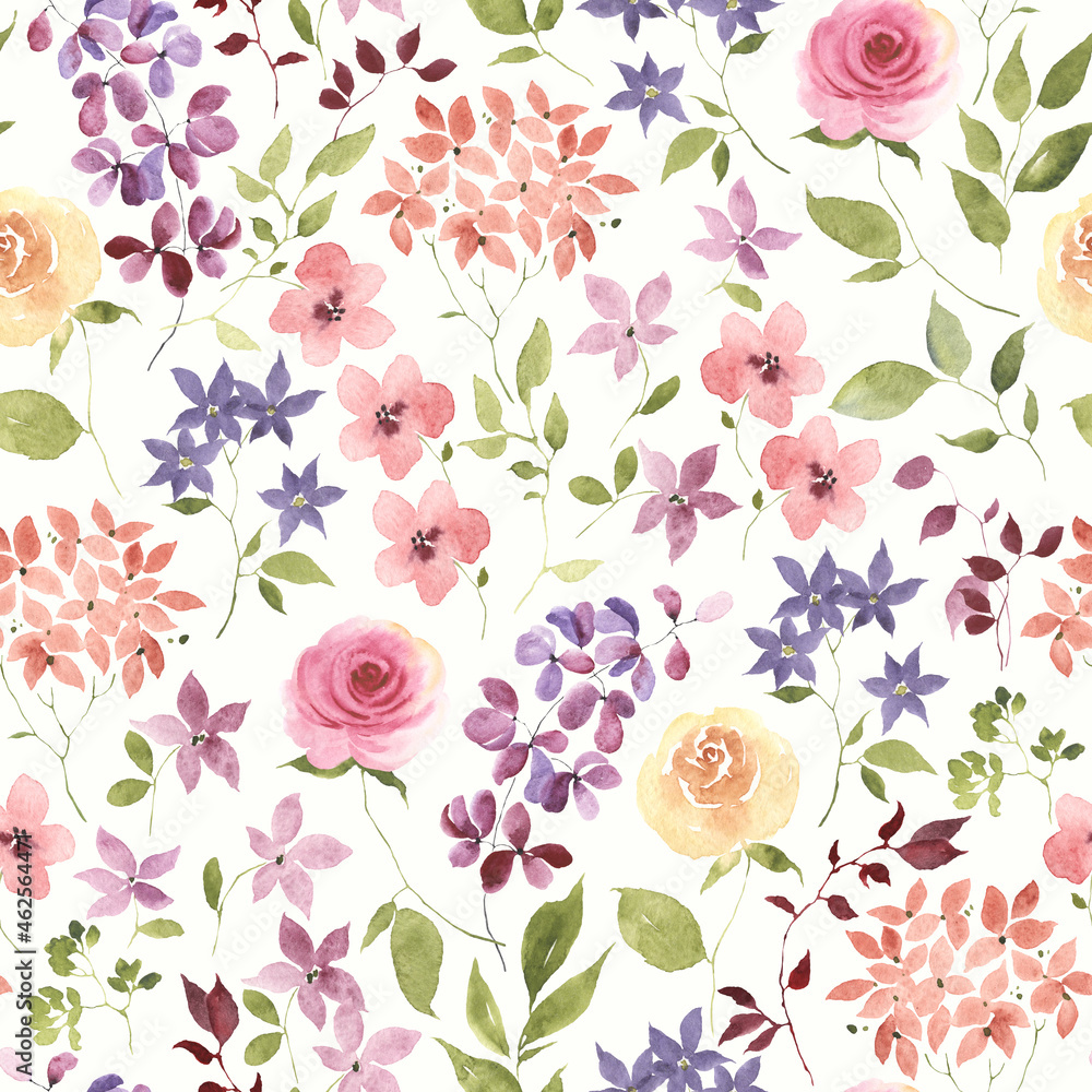 Colorful floral seamless pattern with flowers and green leaves in rustic provence style, watercolor illustration on ivory background for textile, wallpaper or wrapping paper.