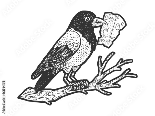 fable crow with cheese in its beak sketch engraving vector illustration. T-shirt apparel print design. Scratch board imitation. Black and white hand drawn image.