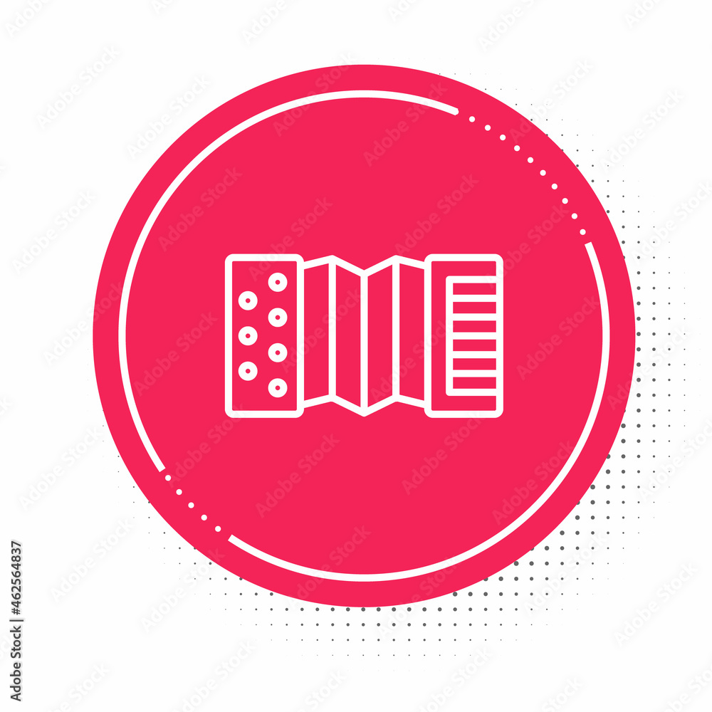 White line Musical instrument accordion icon isolated on white background. Classical bayan, harmonic. Red circle button. Vector White line Musical instrument accordion icon isolated on white background. Classical bayan, harmonic. Red circle button. Vector