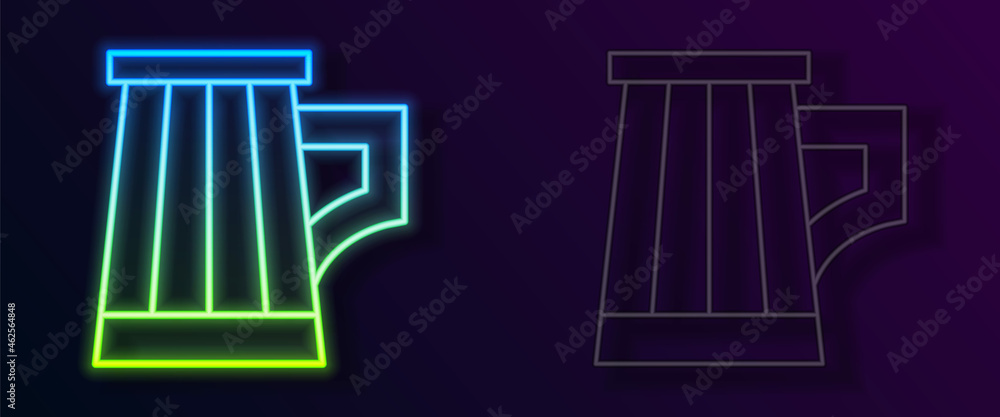 Glowing neon line Wooden beer mug icon isolated on black background. Vector