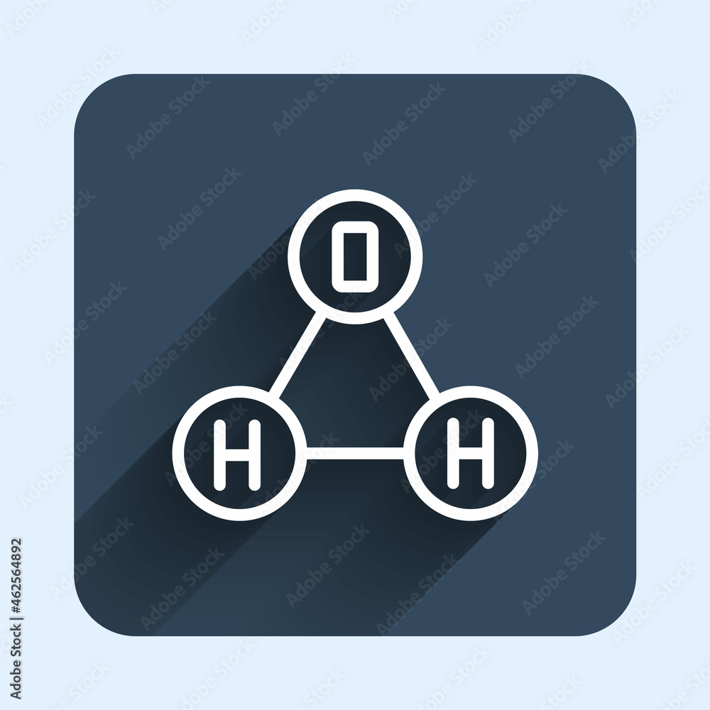 White line Chemical formula for water drops H2O shaped icon isolated with long shadow background. Blue square button. Vector White line Chemical formula for water drops H2O shaped icon isolated with long shadow background. Blue square button. Vector