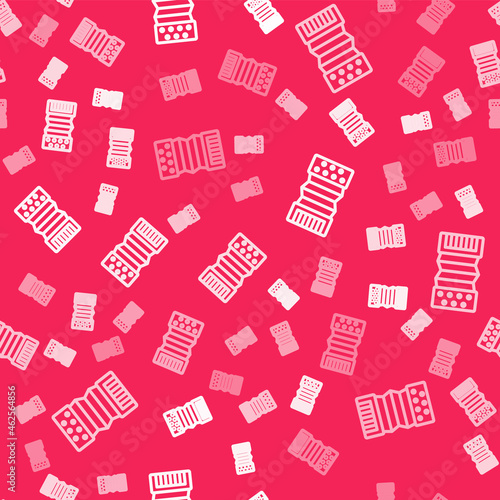 White line Musical instrument accordion icon isolated seamless pattern on red background. Classical bayan, harmonic. Vector