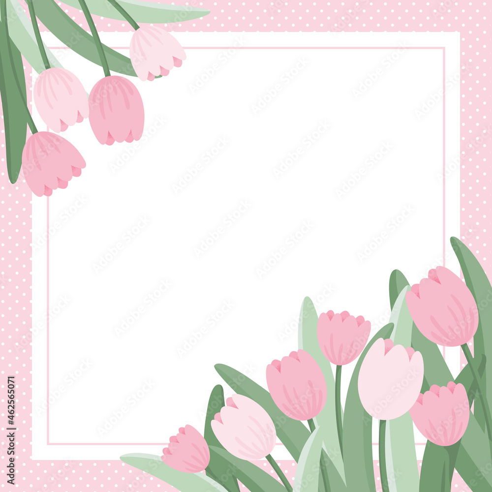 Floral background design with pink tulips. Decorative frame. Flat style vector illustration.