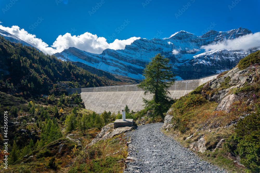 Obraz premium Chemin qui descend au dessous d'un barrage, avec un arbre et une montagne enneigée.