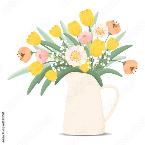 Bouquet of blooming spring flowers in pitcher. vector illustration on white background.