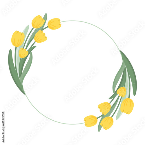 Circular frame design with yellow tulips. Decorative frame for spring. Flat style vector illustration.