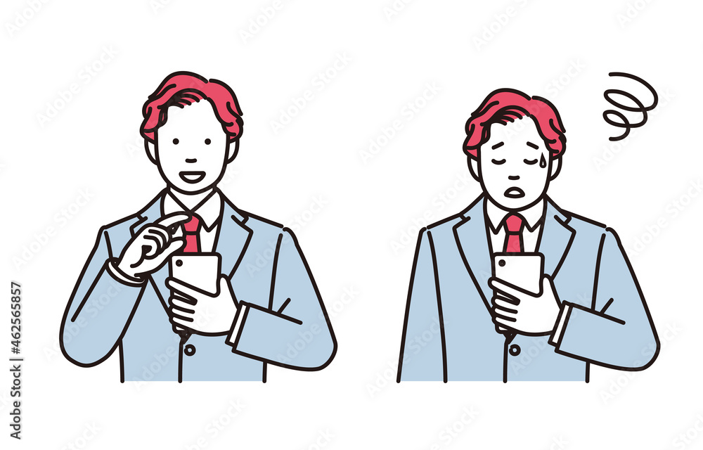 スマホを操作するまたはスマホを見てがっかりするビジネスマンのシンプルイラスト　2ポーズセット