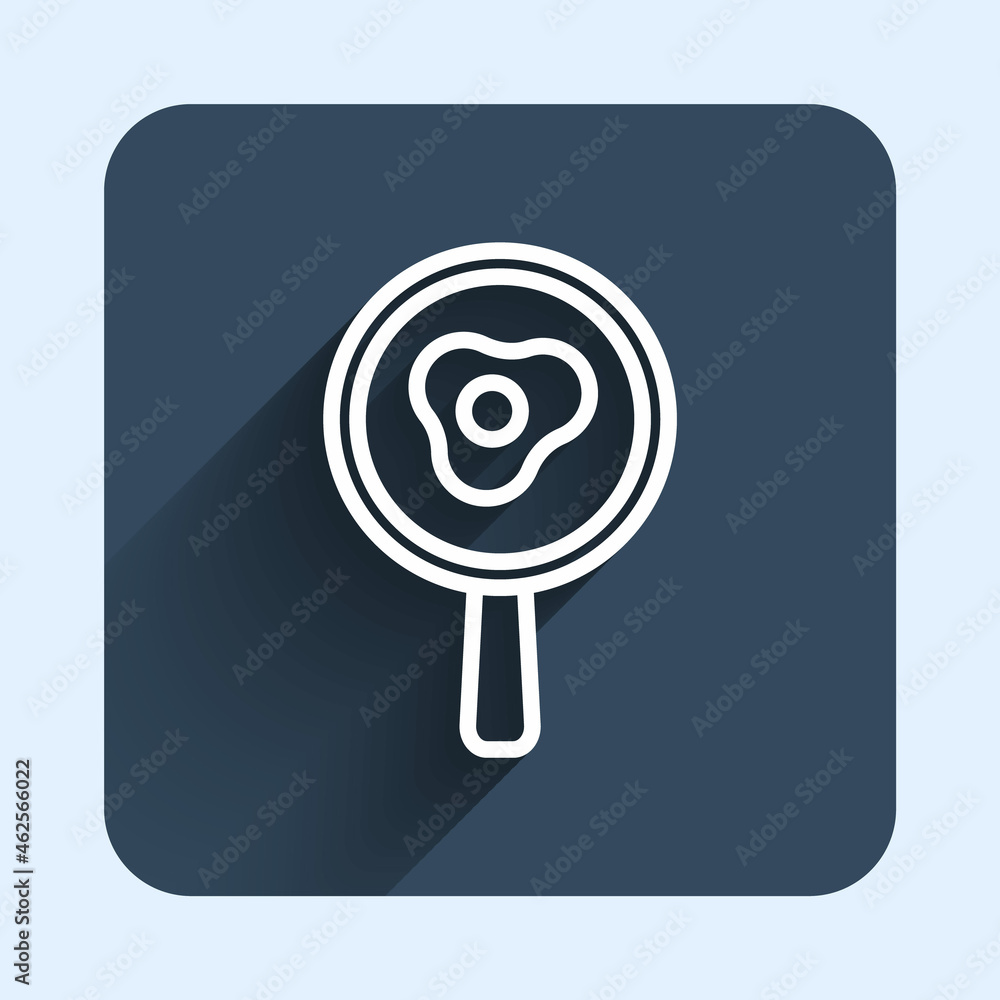 White line Fried eggs on frying pan icon isolated with long shadow background. Fry or roast food symbol. Blue square button. Vector White line Fried eggs on frying pan icon isolated with long shadow background. Fry or roast food symbol. Blue square button. Vector