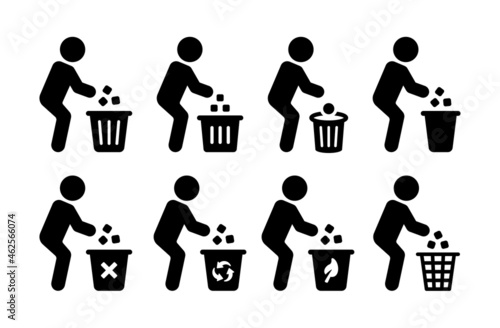 Man throwing garbage to the trash bin icon. Garbage recycling concept