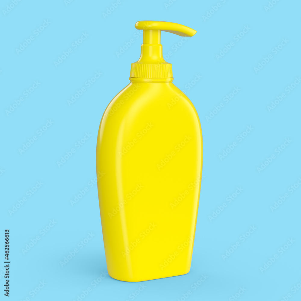 Yellow sunscreens bottle or sunblock cream tube isolated on blue background.