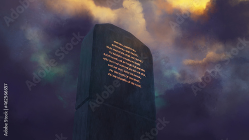 Mark of the beast decree monument containing words from Revelation 13.