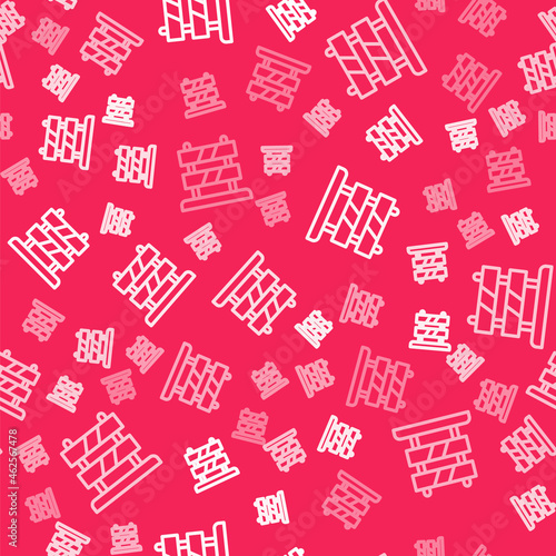 White line End of railway tracks icon isolated seamless pattern on red background. Stop sign. Railroad buffer end to destination. Vector