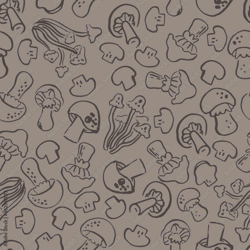 Seamless pattern with stylish hand drawn mushrooms. Creative autumn texture for fabric, wrapping, textile, wallpaper, apparel, print for kids children, restaurant, kitchen, canteen, eatery, cafeteria.