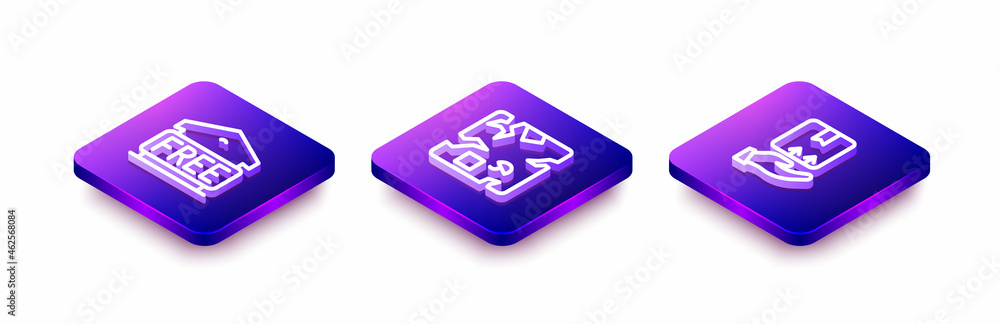 Set Isometric line Free storage, Broken cardboard box and Delivery hand with icon. Vector Set Isometric line Free storage, Broken cardboard box and Delivery hand with icon. Vector