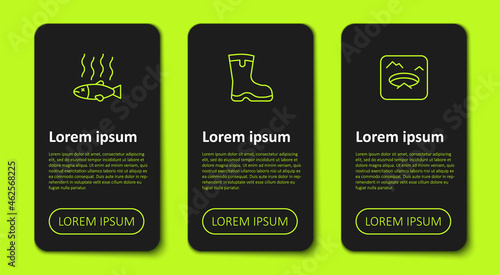 Set line Dead fish, Fishing boots and Winter fishing. Business infographic template. Vector