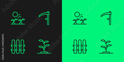 Set line Sprout, Garden fence wooden, Plant sprouts grow in the sun and Scythe icon. Vector