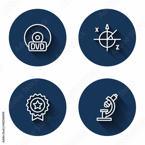 Set line CD or DVD disk, Trigonometric circle, Medal with star and Microscope with long shadow. Blue circle button. Vector