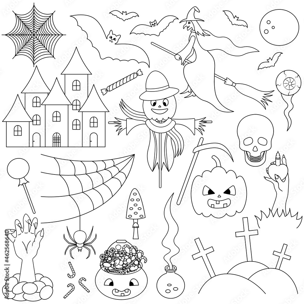 Halloween. Sketch. Set of vector illustrations. Collection of festive mystical elements. Pumpkin, witch, scarecrow, skull, crosses, graves. Doodle style. Coloring book for children. 