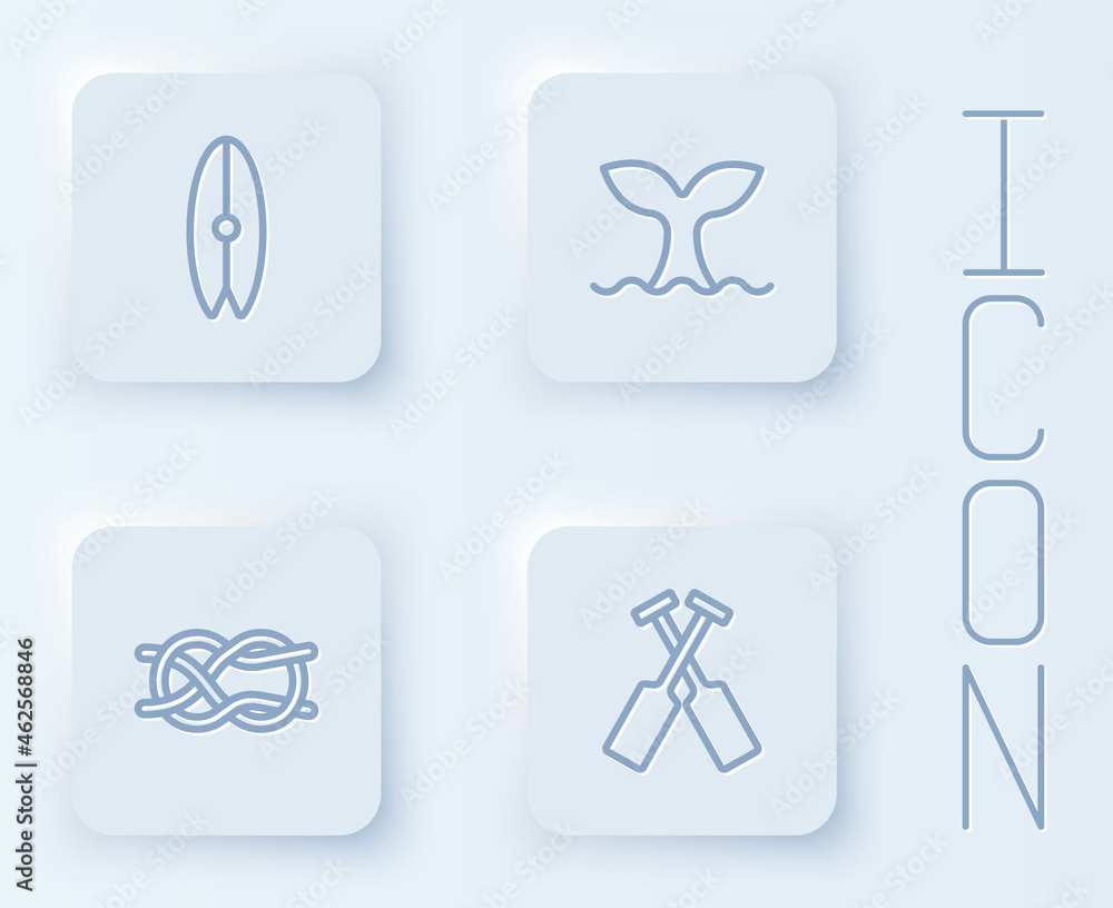 Set line Surfboard, Whale tail, Nautical rope knots and Crossed oars or paddles boat. White square button. Vector Set line Surfboard, Whale tail, Nautical rope knots and Crossed oars or paddles boat. White square button. Vector