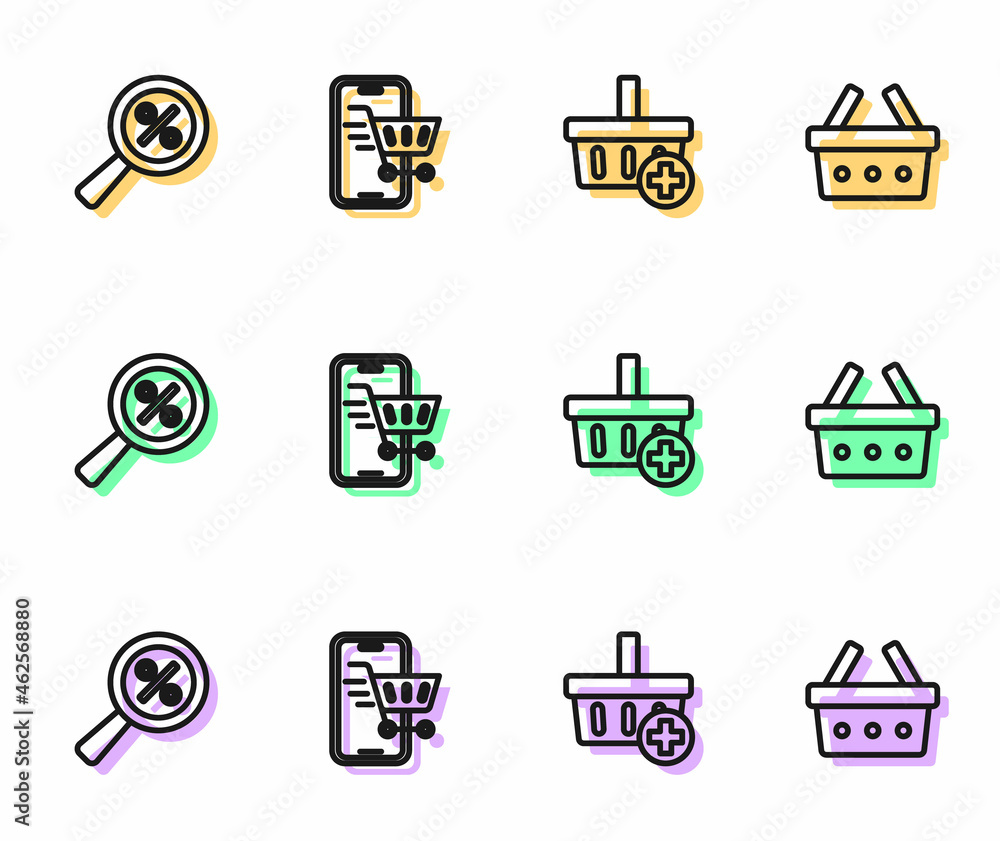 Set line Add to Shopping basket, Magnifying glass with percent, Mobile shopping cart and icon. Vector