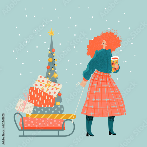 Christmas market illustration with cute red-haired girl with gifts, Christmas tree and mulled wine.