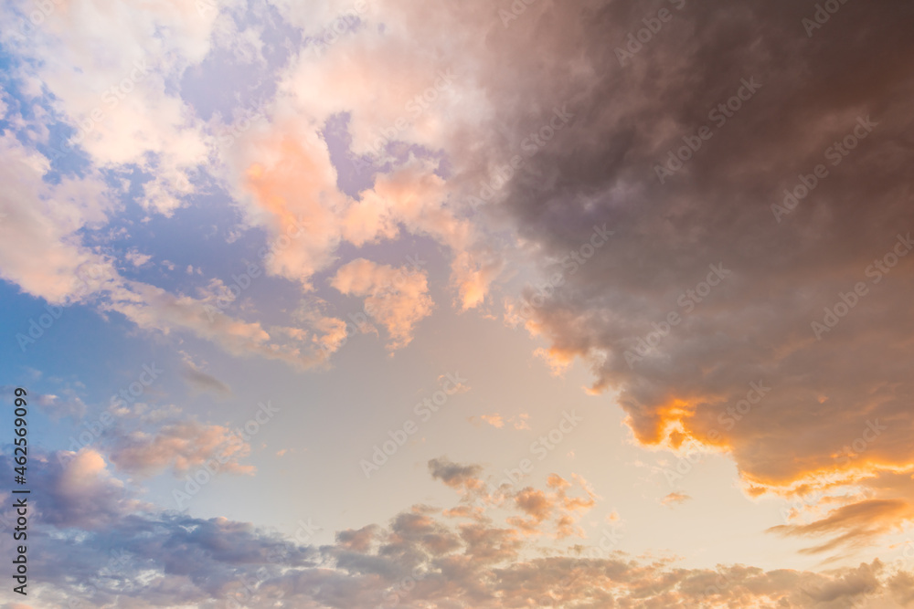 Beautiful sunset sky. Nature sky backgrounds. Dramatic panorama sky with cloud on sunrise and sunset time. Panoramic view. Relax nature, beams