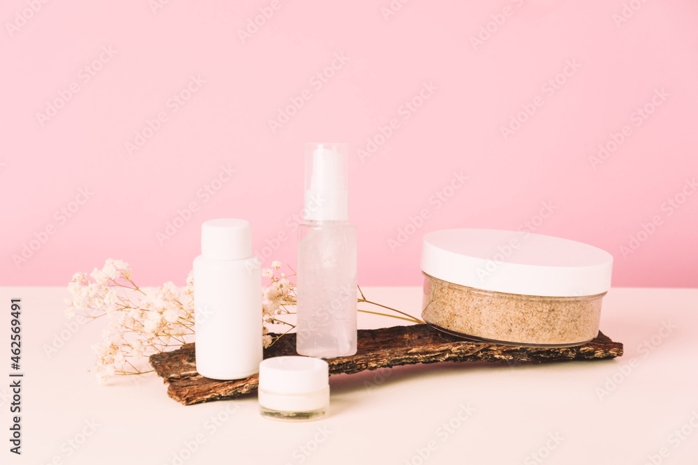 Set of cosmetic products with natural materials. Health and medicine concept, beauty and selfcare. Natural organic cosmetic. Front view