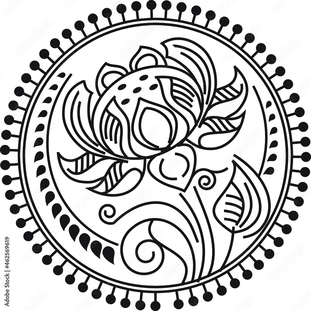 Indian Traditional and Cultural Rangoli, Alpona, Kolam, or Paisley vector line art. Bengal art India. for textile printing, logo, wallpaper
