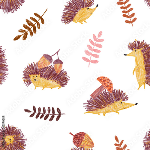 Pencil drawn seamless pattern with hedgehog and leaves