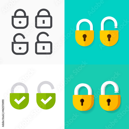 Secure lock icon vector or padlock protection checkmark open and closed pictogram set flat cartoon and line outline art isolated illustration clipart