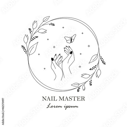 Hand logo in a minimal linear style.Elegant floral frame with hand and butterfly on white background. Vector emblem perfect for logotype design or labels of nail masters,beauty salon,cosmetics