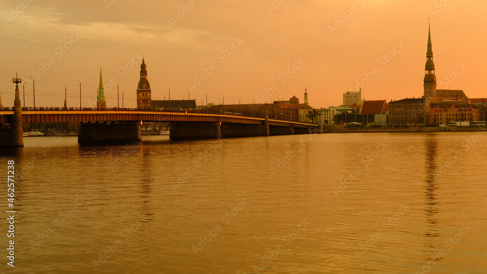 Autumn colored sunrise over old Riga