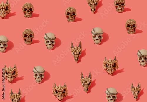 hellowen skull against pastel pink background. minimalism. abstract art with copyspace