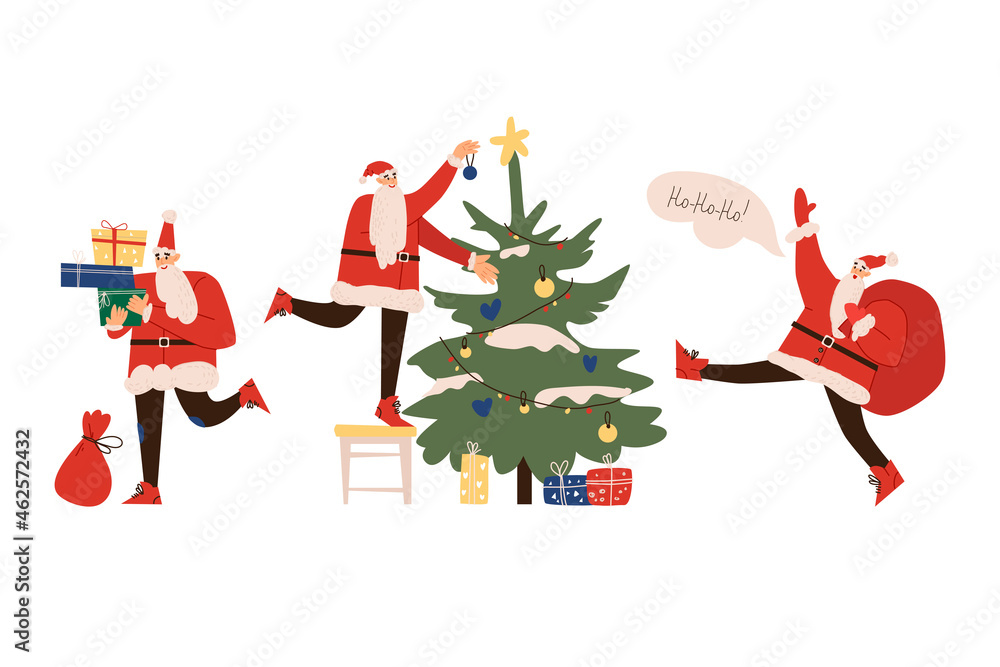 Set of happy Santa Clauses. Flat design. Vector illustration. Isolated on a white background.