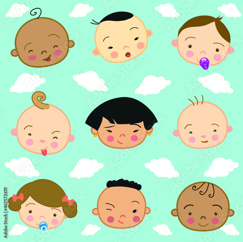 Pattern of happy babies of different cultures smiling 