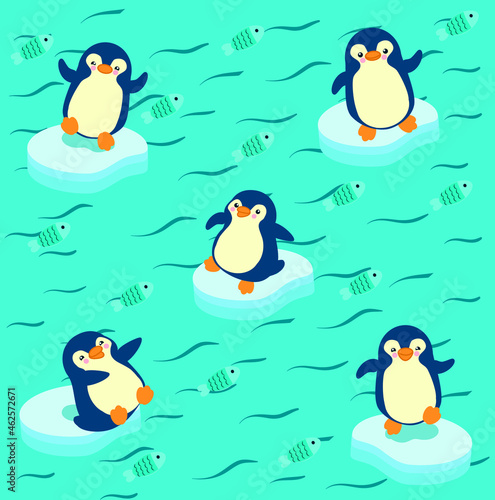 Pattern of funny penguin eating a fish on a piece of ice.