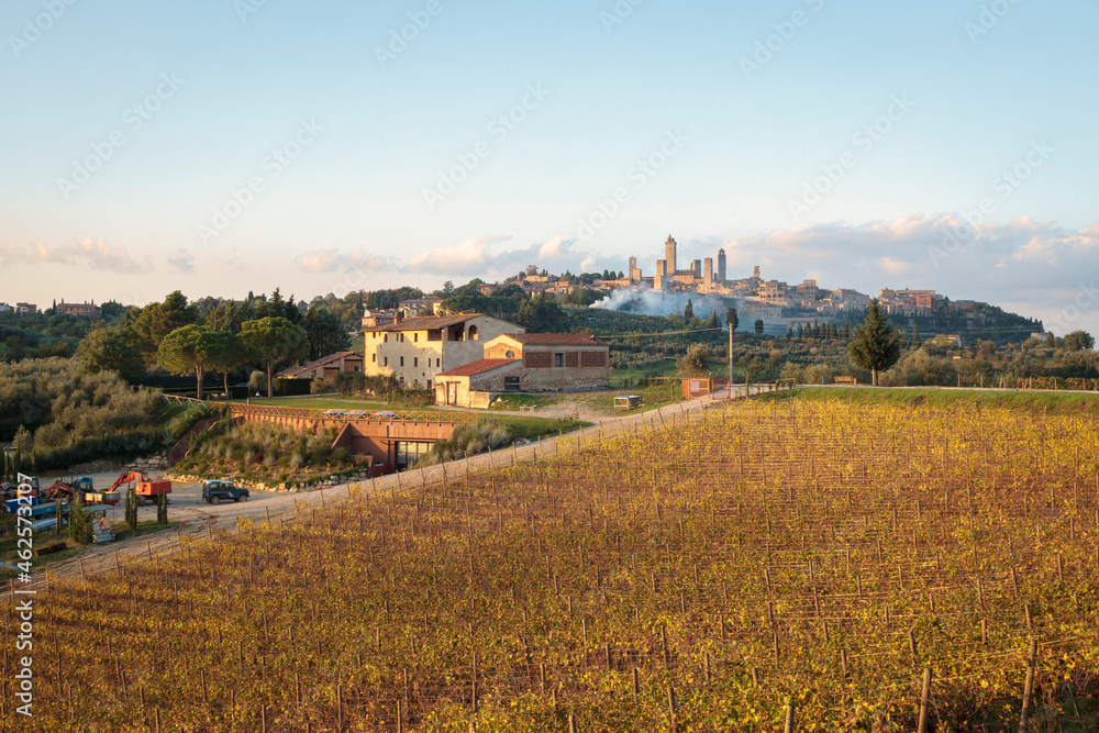 San Gimignano, Siena. Paesaggio rurale in Autunno con vigneti sullo sfondo della città-