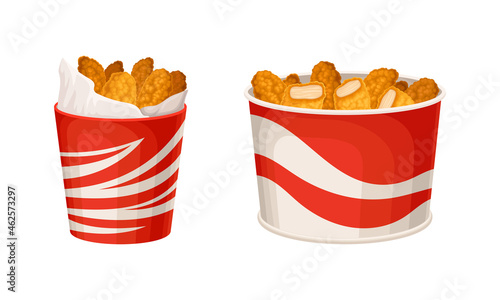 Fried chicken meat set. Crispy wings, legs and nuggets in baskets cartoon vector illustration